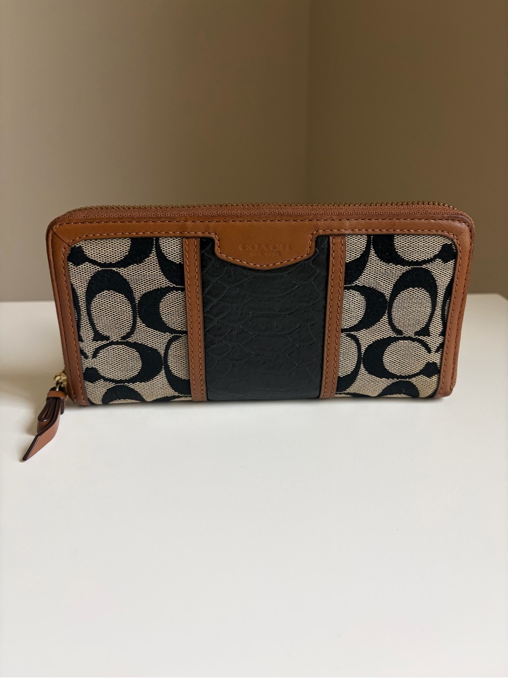 Coach Signature Canvas and Leather Zip Wallet in Brown/Black